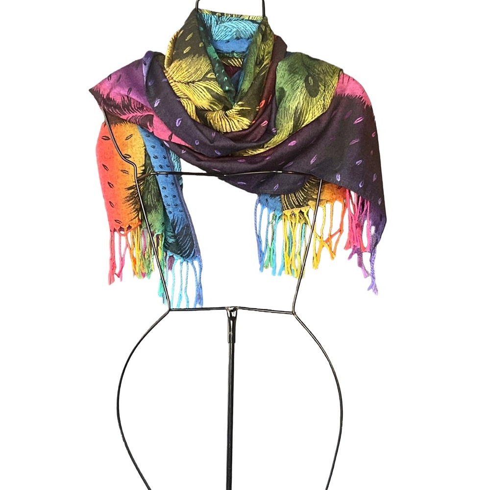 100% Pashmina Rainbow Peacock Feather Print Scarf
